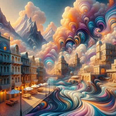 The primary subject of the image is a painting of a cityscape with a river flowing through it. The setting includes buildings, a bridge, and a mountain in the background. The visual style is a digital art, illustration, or drawing, creating a vibrant and colorful atmosphere. The dominant colors include shades of blue, purple, and orange, which contribute to the overall mood of the painting.